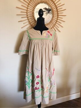 Beige Embroidered Floral Midi Dress with Green Trim
